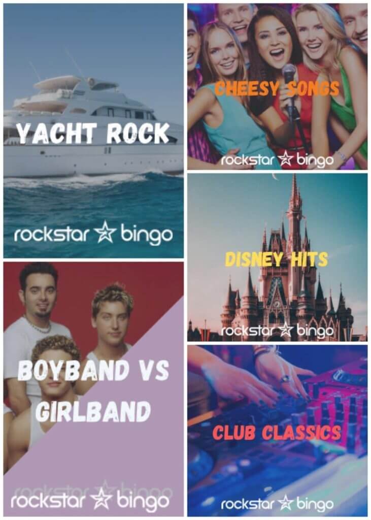 Music Bingo playlists for your venue. Disney Music Bingo. Yacht Rock Music Bingo. Club Classics Music Bingo. Band Music Bingo.