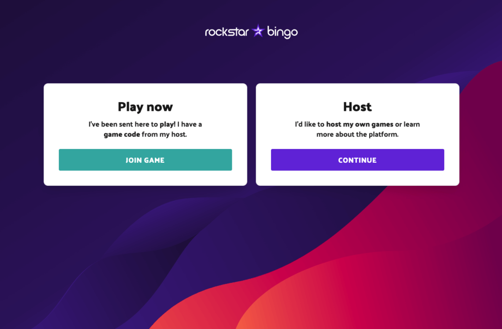 Rockstar Bingo entrance screen. Host or play music bingo with our app.