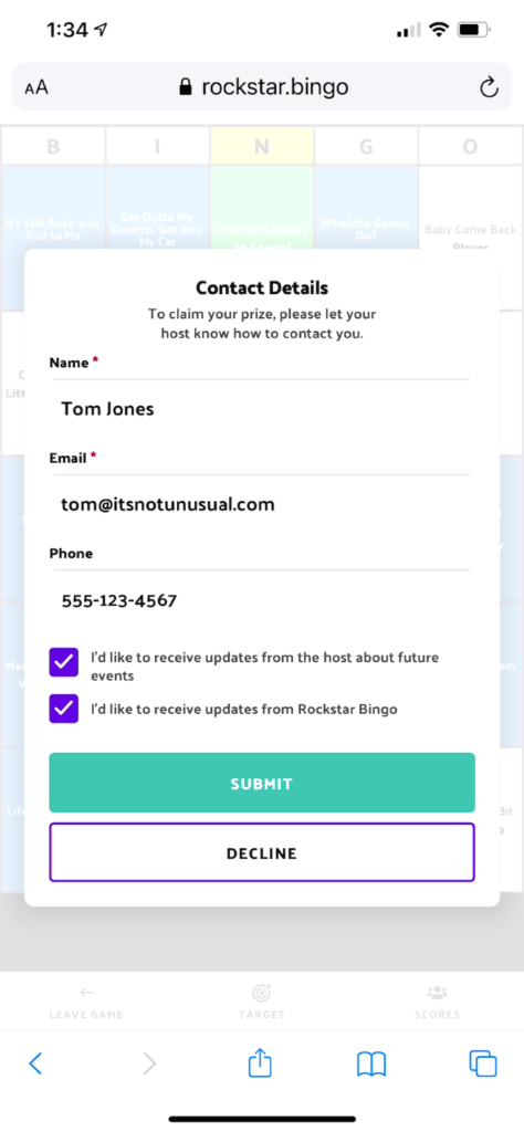 Rockstar Bingo allows you to collect the contact information of your music bingo winners with ease.